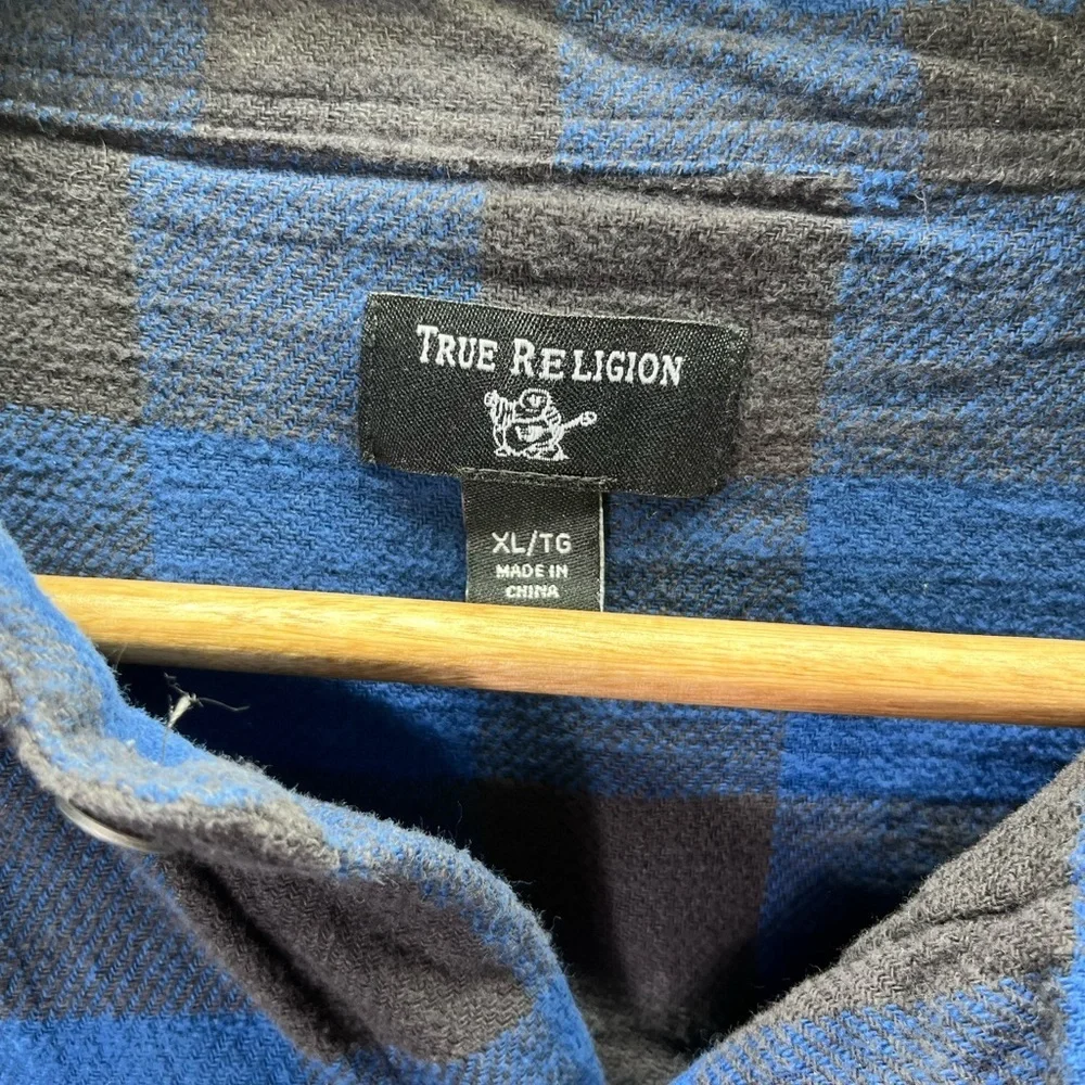 True Religion Blue Plaid Flannel‎ Shirt Mens XL 100% Cotton Outdoors Manly 2102